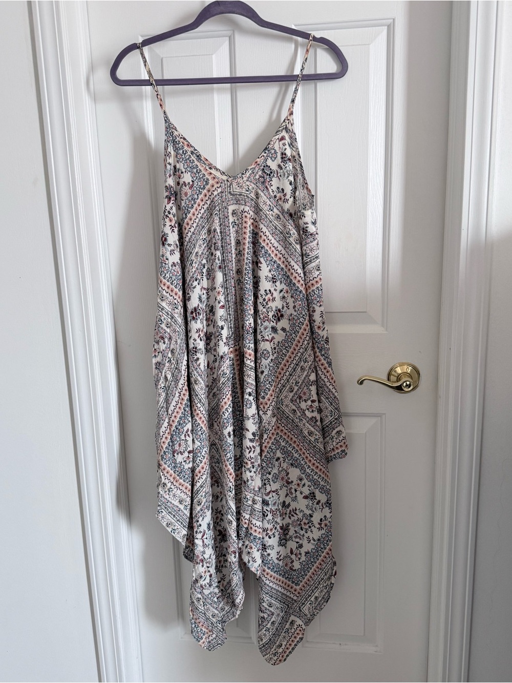 Freesize Boho Floral Handkerchief Hem Sundress - Ivory Pink & Blue Free People